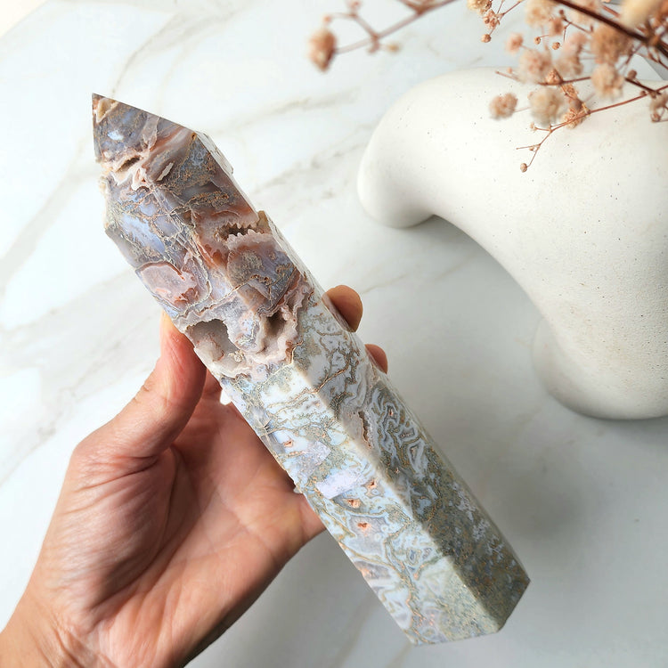 Pink Moss Agate Crystal Obelisk Tower Point 2