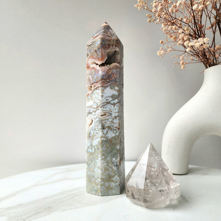 Pink Moss Agate Crystal Obelisk Tower Point 2