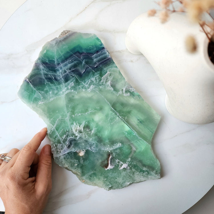 Rainbow Fluorite Crystal Slab Slice on stand
