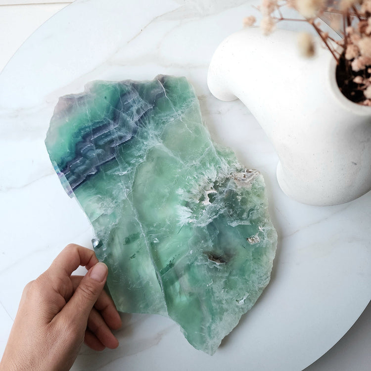 Rainbow Fluorite Crystal Slab Slice on stand