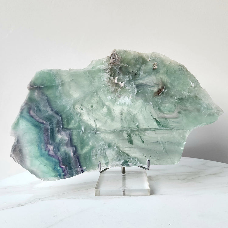 Rainbow Fluorite Crystal Slab Slice on stand