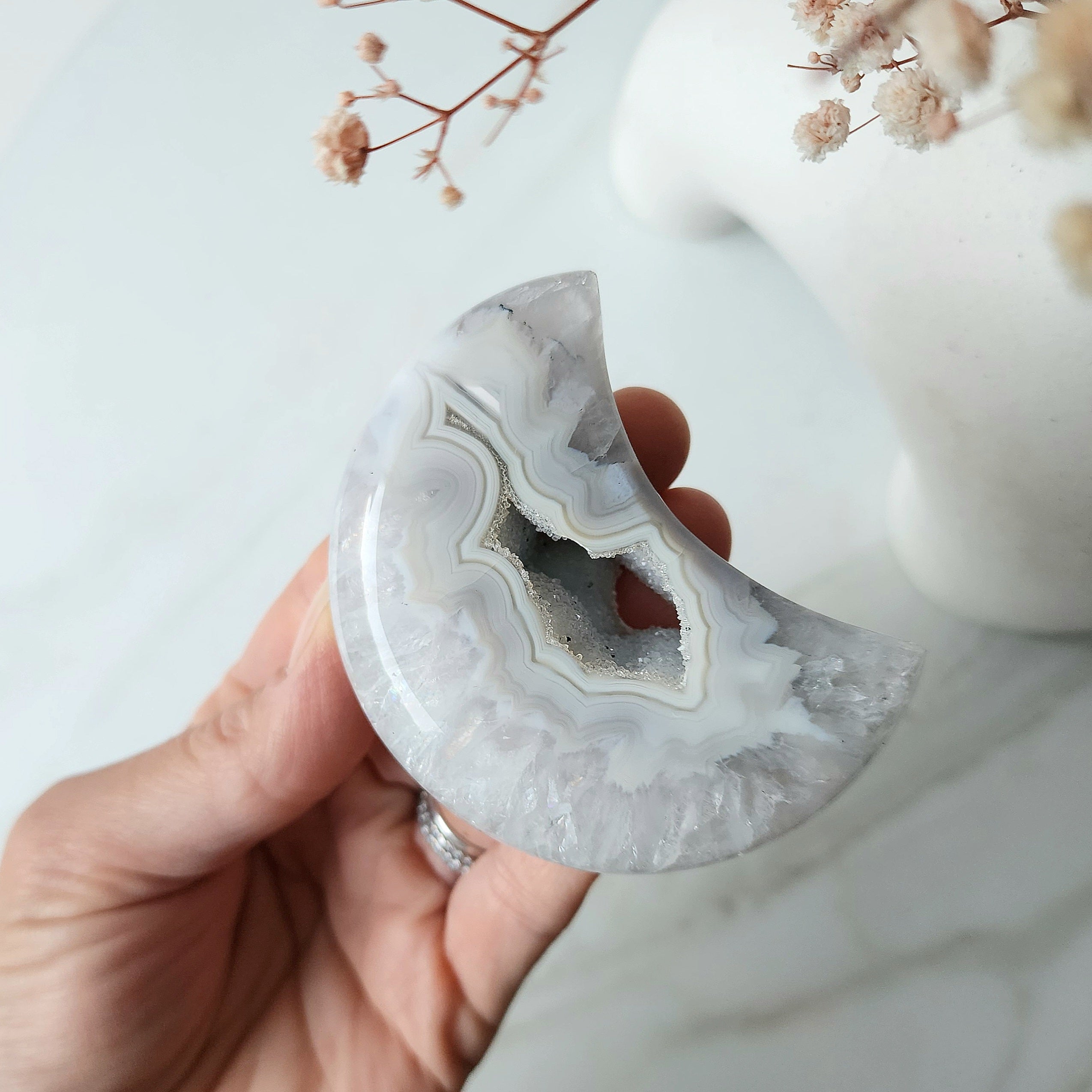 Agate Crystal Druzy Carved Moon with stand AAA XS