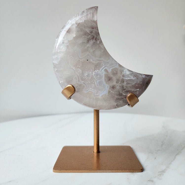 Agate Druzy Carved Moon with stand AAA Small