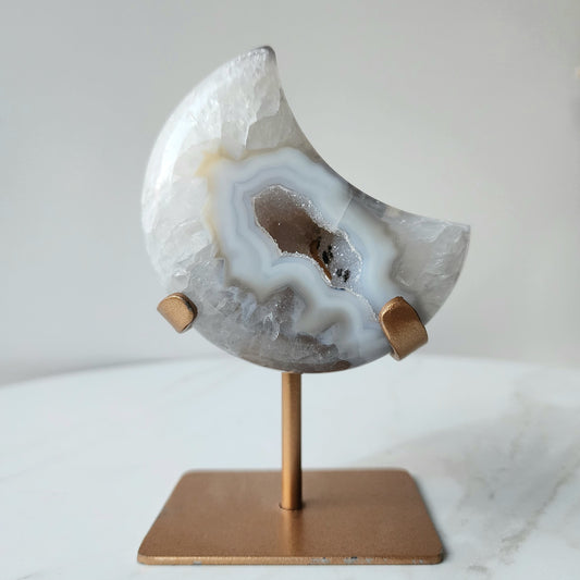Agate Druzy Carved Moon with stand AAA Small