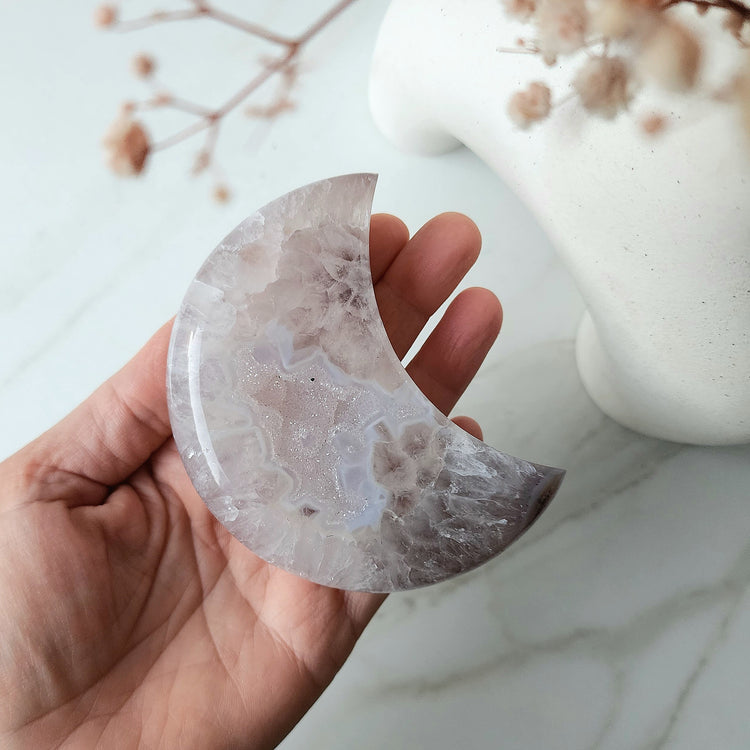 Agate Druzy Carved Moon with stand AAA Small