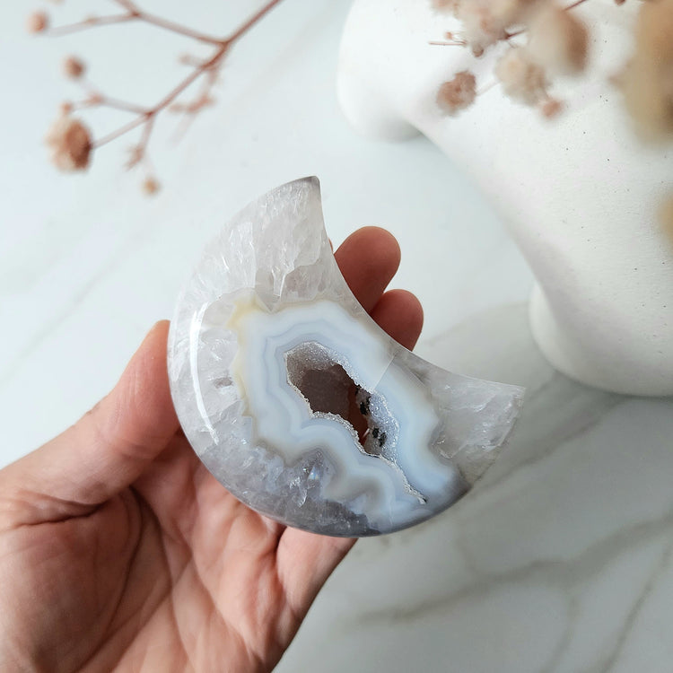 Agate Druzy Carved Moon with stand AAA Small