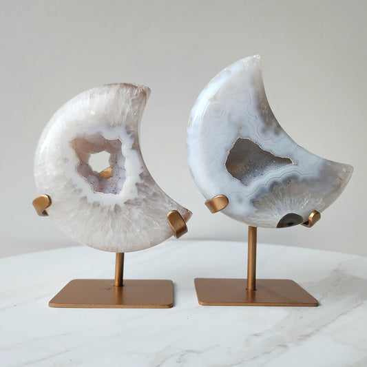 Agate Druzy Carved Moon with stand AAA Medium