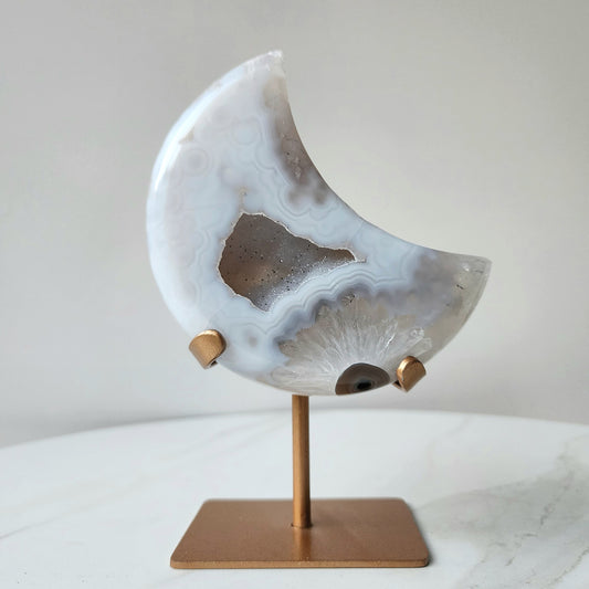 Agate Druzy Carved Moon with stand AAA Medium