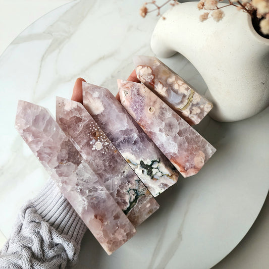 Rare Pink Amethyst with Cherry Blossom Flower Agate Obelisk Tower