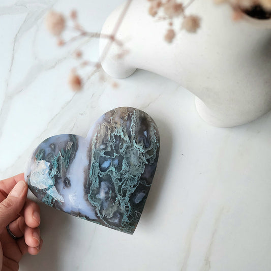 Moss Agate Crystal Heart AAA on stand XL