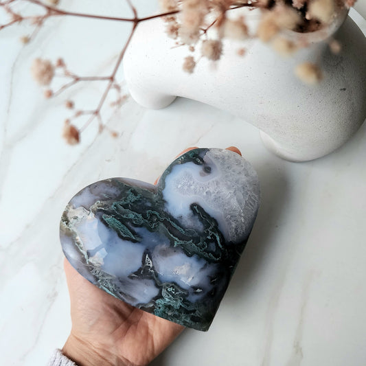 Moss Agate Crystal Heart AAA on stand XL