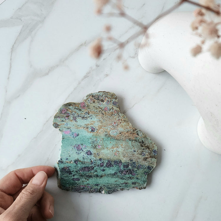 Ruby In Zoisite Crystal Slice on stand