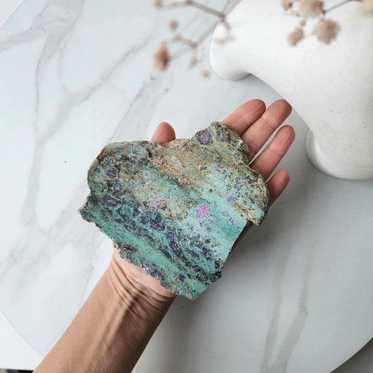 Ruby In Zoisite Crystal Slice on stand