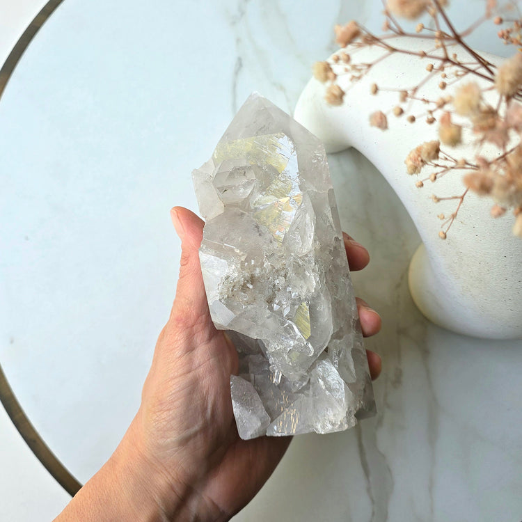 Clear Quartz Crystal Cluster Half Polished Point Tower
