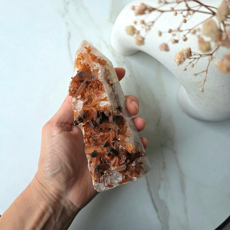 Tangerine Quartz Crystal Half Polished Cluster Tower Point