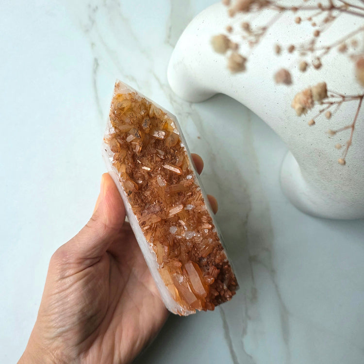 Tangerine Quartz Crystal Half Polished Cluster Tower Point