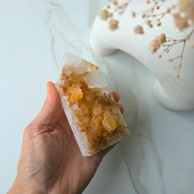 Tangerine Quartz Crystal Half Polished Cluster Tower Point