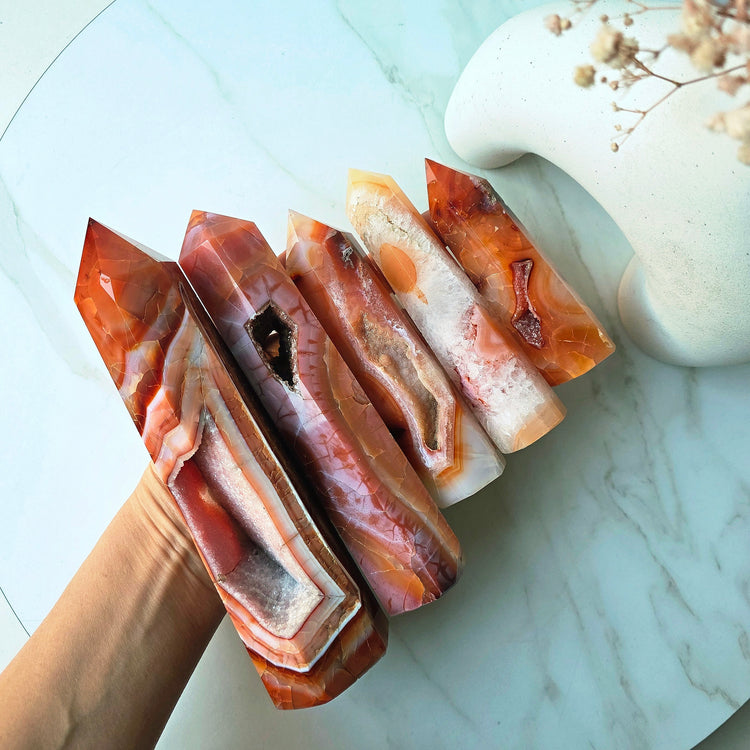 Carnelian Crystal Tower Point Obelisk Natural with Druze High Quality