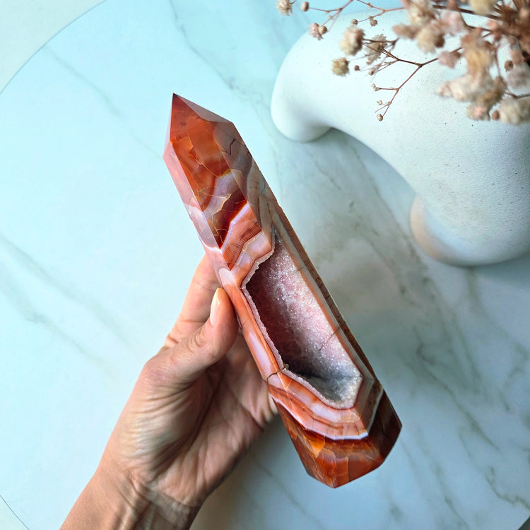 Carnelian Crystal Tower Point Obelisk Natural with Druze High Quality