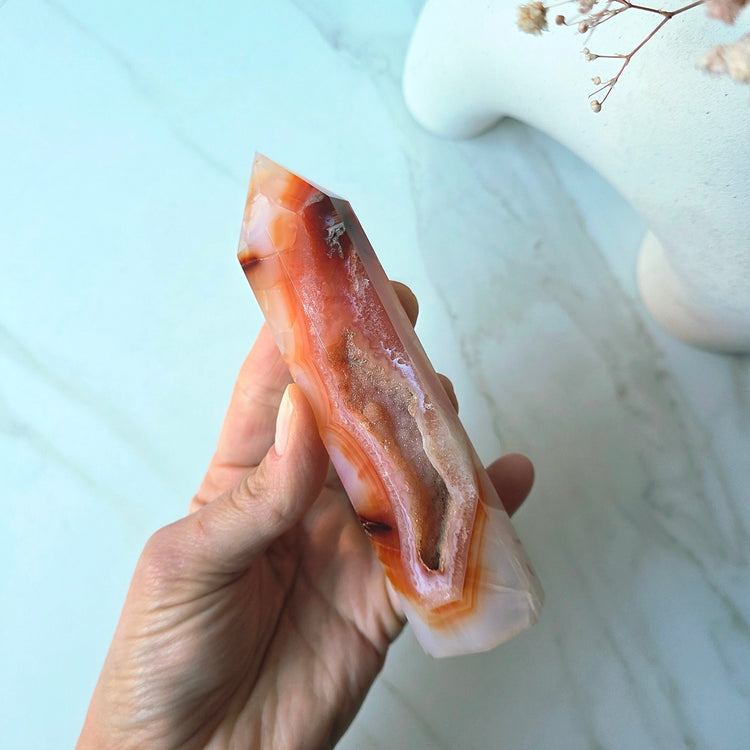 Carnelian Crystal Tower Point Obelisk Natural with Druze High Quality