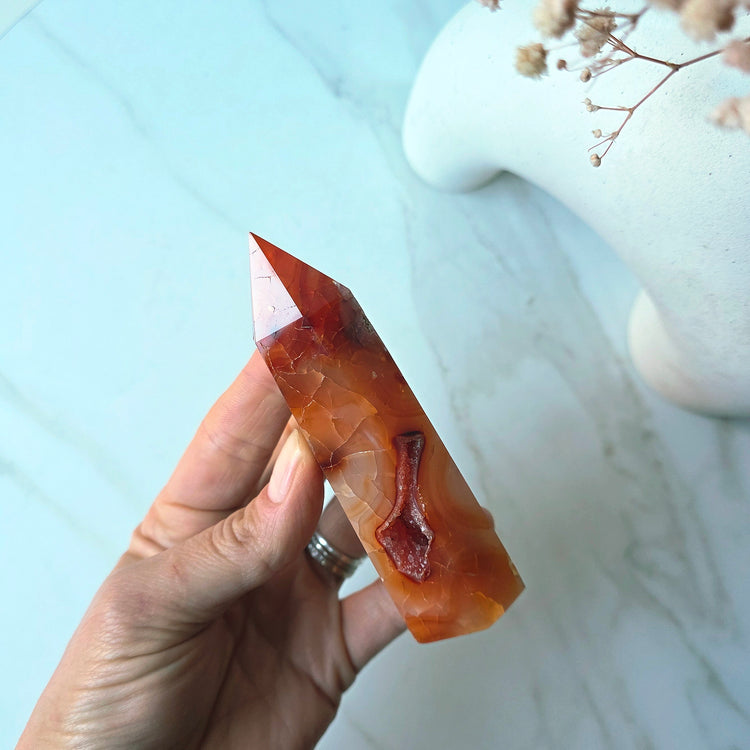 Carnelian Crystal Tower Point Obelisk Natural with Druze High Quality