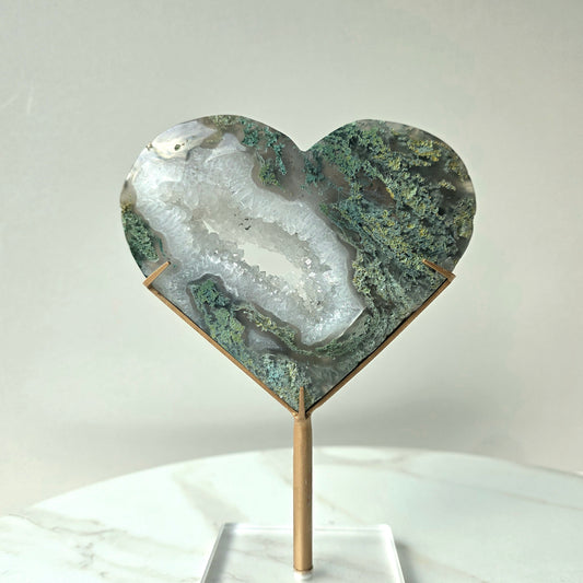 Moss Agate Crystal Heart on Stand High Quality