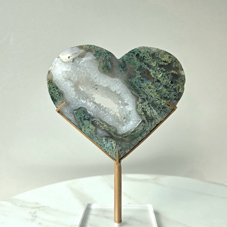 Moss Agate Crystal Heart on Stand High Quality