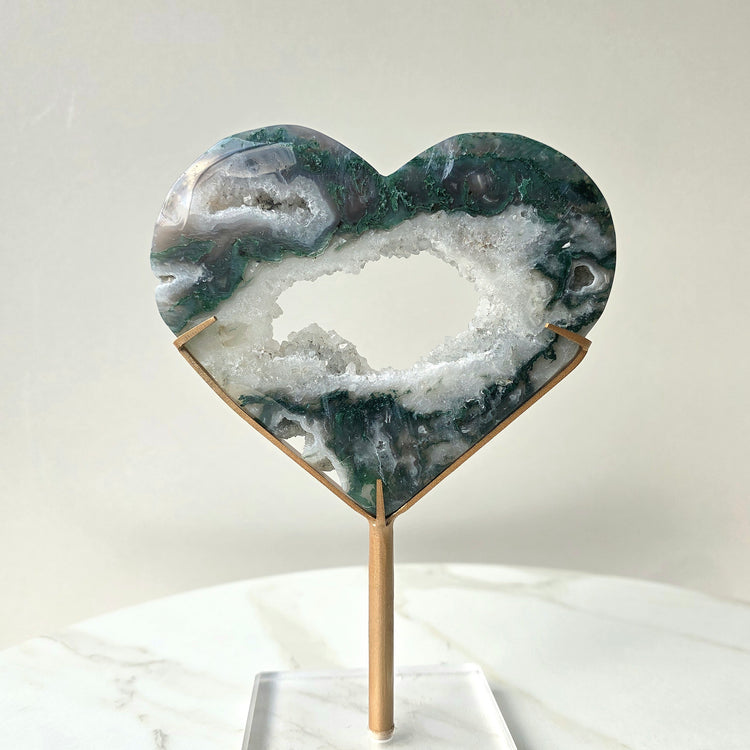 Moss Agate Crystal Heart on Stand High Quality