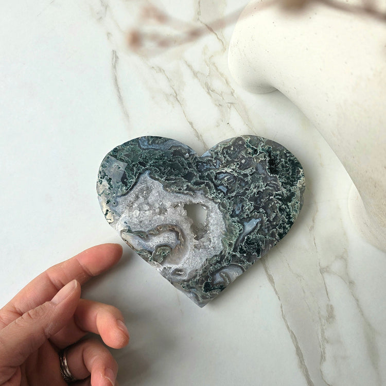 Moss Agate Crystal Heart on Stand High Quality