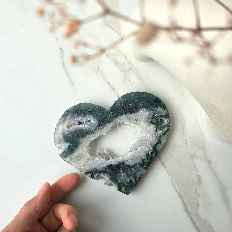 Moss Agate Crystal Heart on Stand High Quality