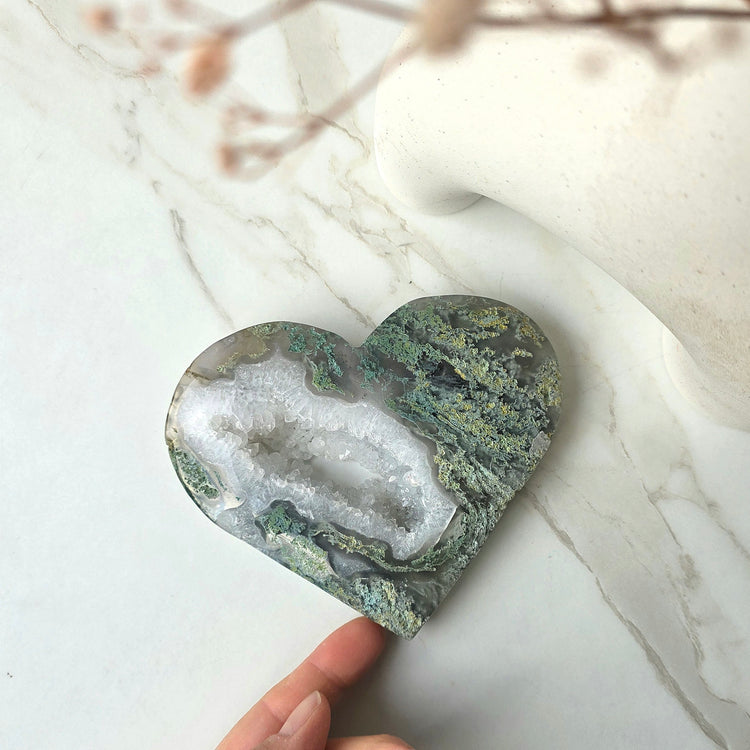 Moss Agate Crystal Heart on Stand High Quality