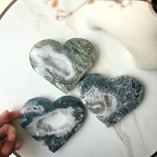 Moss Agate Crystal Heart on Stand High Quality