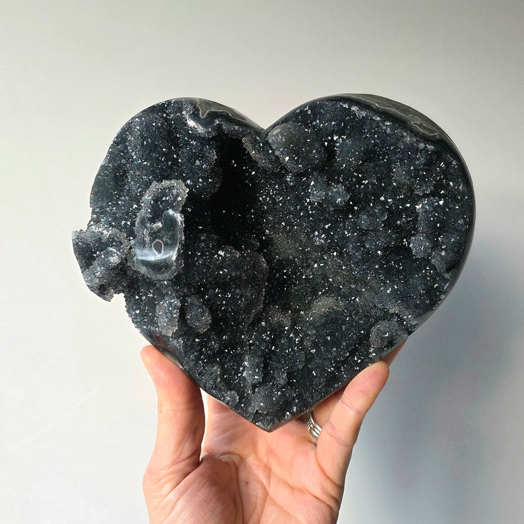 Black Galaxy Amethyst Crystal with Stalactite Carved XL Heart