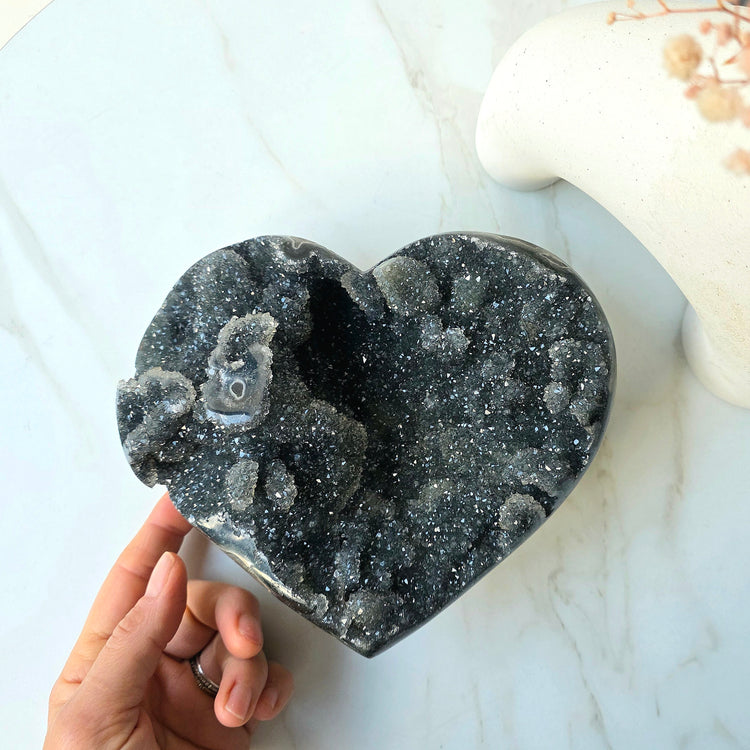 Black Galaxy Amethyst Crystal with Stalactite Carved XL Heart