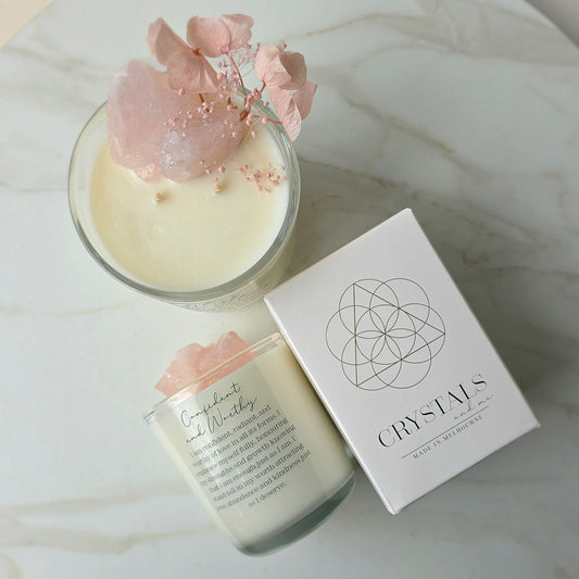 Rose Quartz Crystal Candle "Confident and Worthy" Lychee Peony