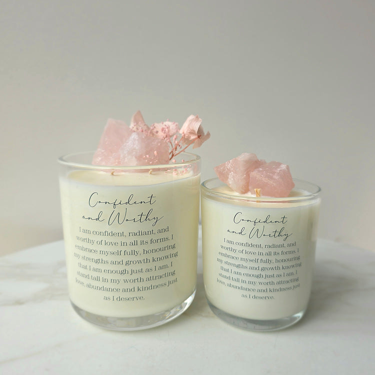 Rose Quartz Crystal Candle "Confident and Worthy" Lychee Peony