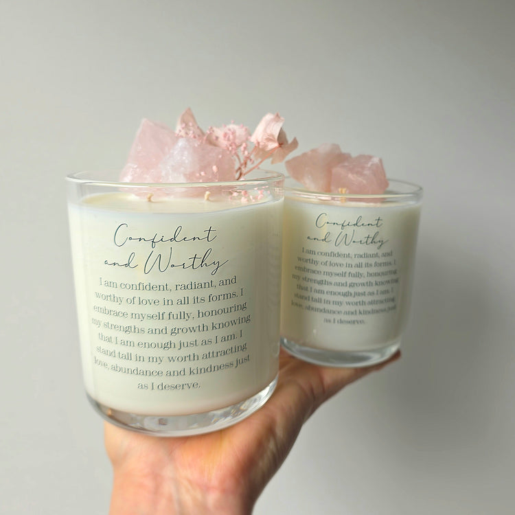Rose Quartz Crystal Candle "Confident and Worthy" Lychee Peony