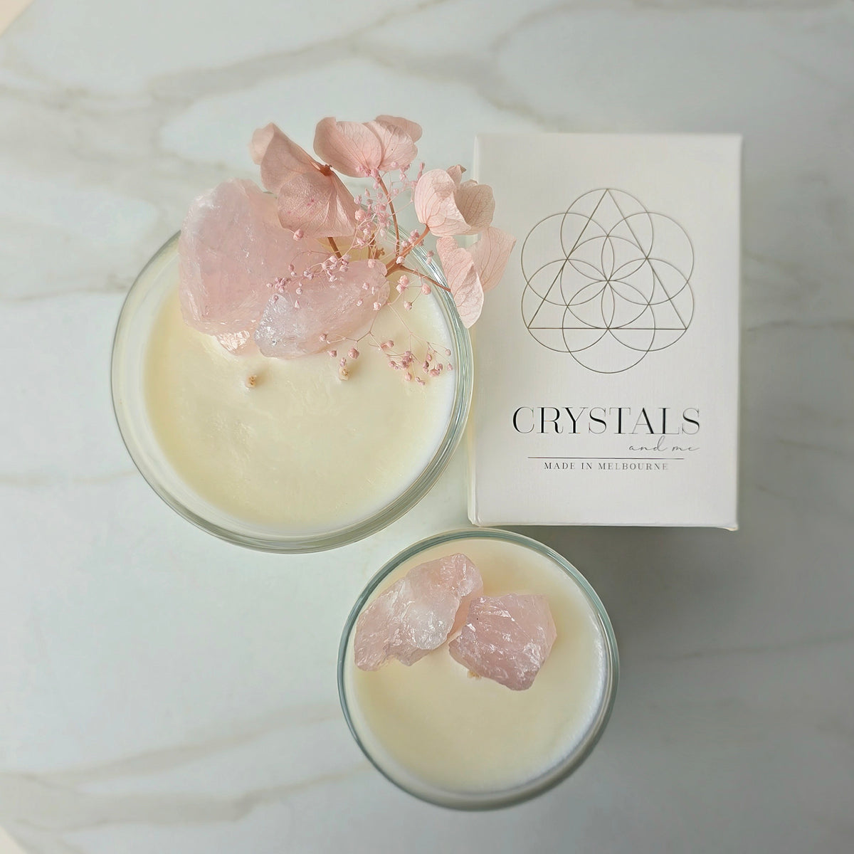 New Rose Quartz Crystal Candle "Confident and Worthy" Lychee Peony - Crystals and Me | Crystal Candles and Ethically Sourced Crystals