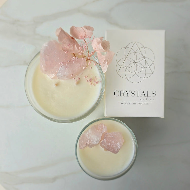 Rose Quartz Crystal Candle "Confident and Worthy" Lychee Peony