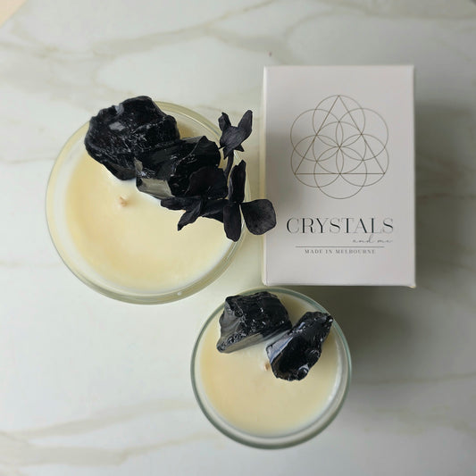 New Black Obsidian Crystal Candle "Protection" Oak Moss