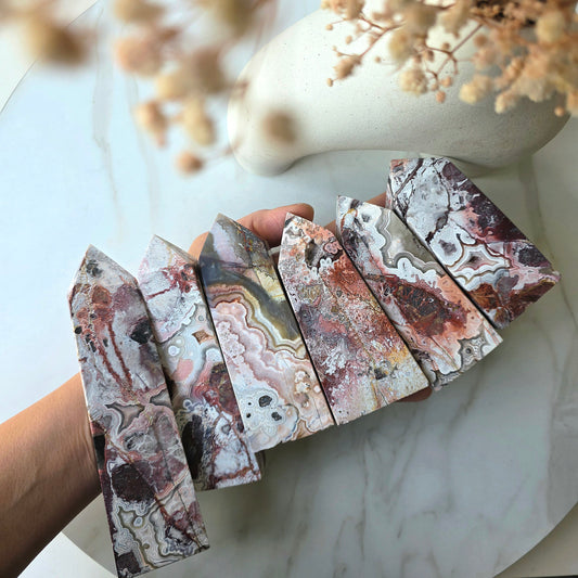 Pink Crazy Lace Agate Crystal Tower Point
