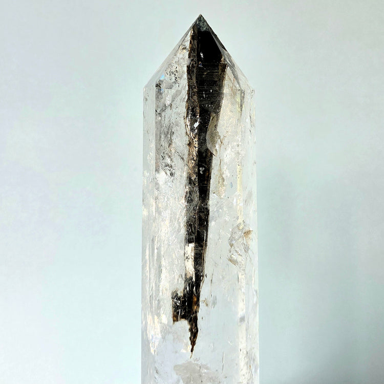 Clear Quartz Crystal with Black Tourmaline Crystal XL Tower Point Obelisk