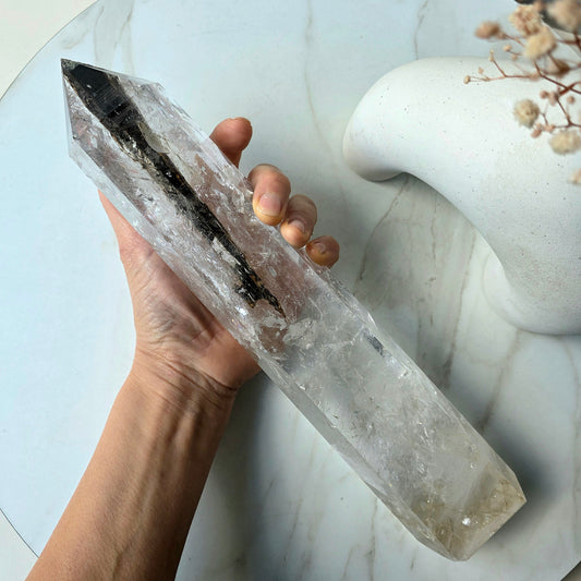 Clear Quartz Crystal with Black Tourmaline Crystal XL Tower Point Obelisk