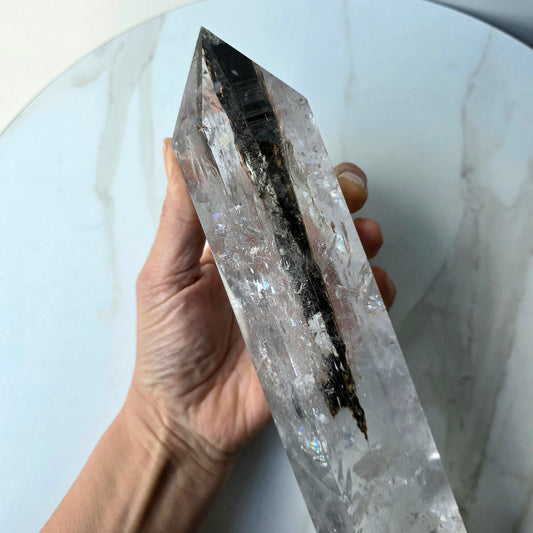 Clear Quartz Crystal with Black Tourmaline Crystal XL Tower Point Obelisk