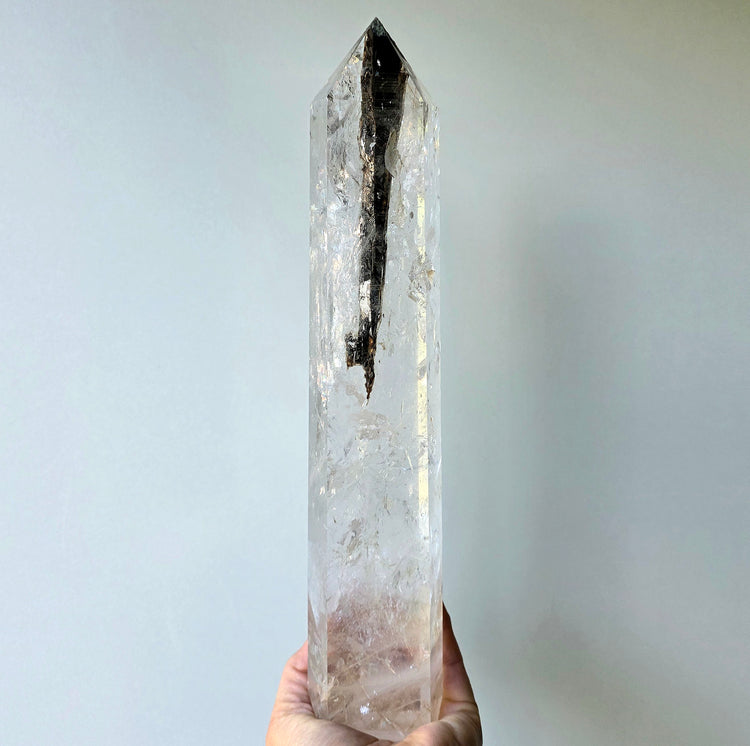 Clear Quartz Crystal with Black Tourmaline Crystal XL Tower Point Obelisk