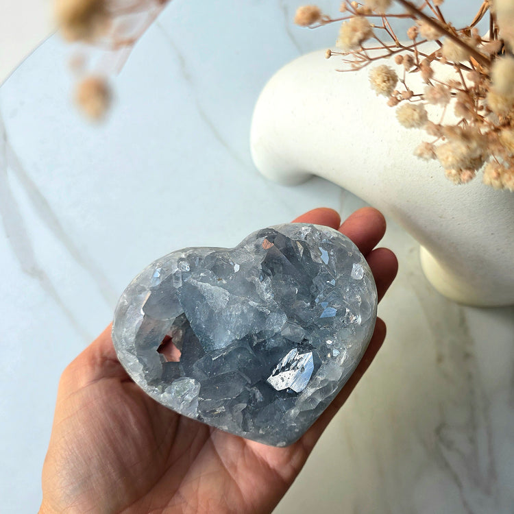 Celestite Crystal Heart on Stand