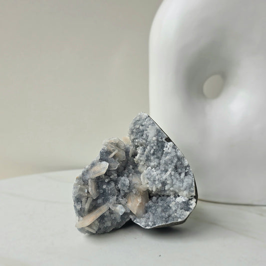 Rare Apophyllite Crystal on Black Amethyst with Stilbite Cluster