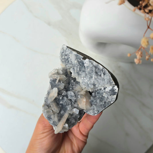 Rare Apophyllite Crystal on Black Amethyst with Stilbite Cluster