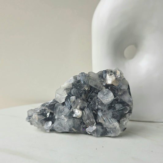 Rare Diamond Apophyllite Crystal  on Black Chalcedony with Stilbite Cluster