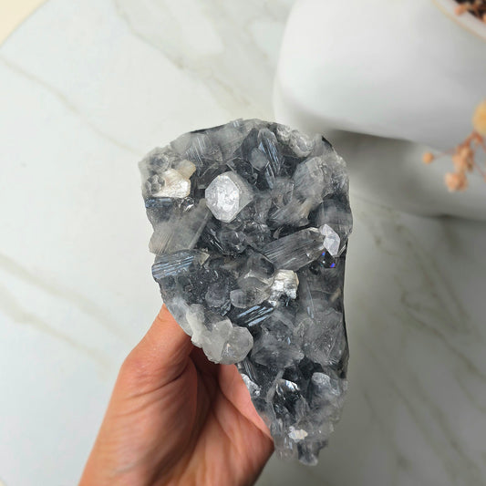 Rare Diamond Apophyllite Crystal  on Black Chalcedony with Stilbite Cluster